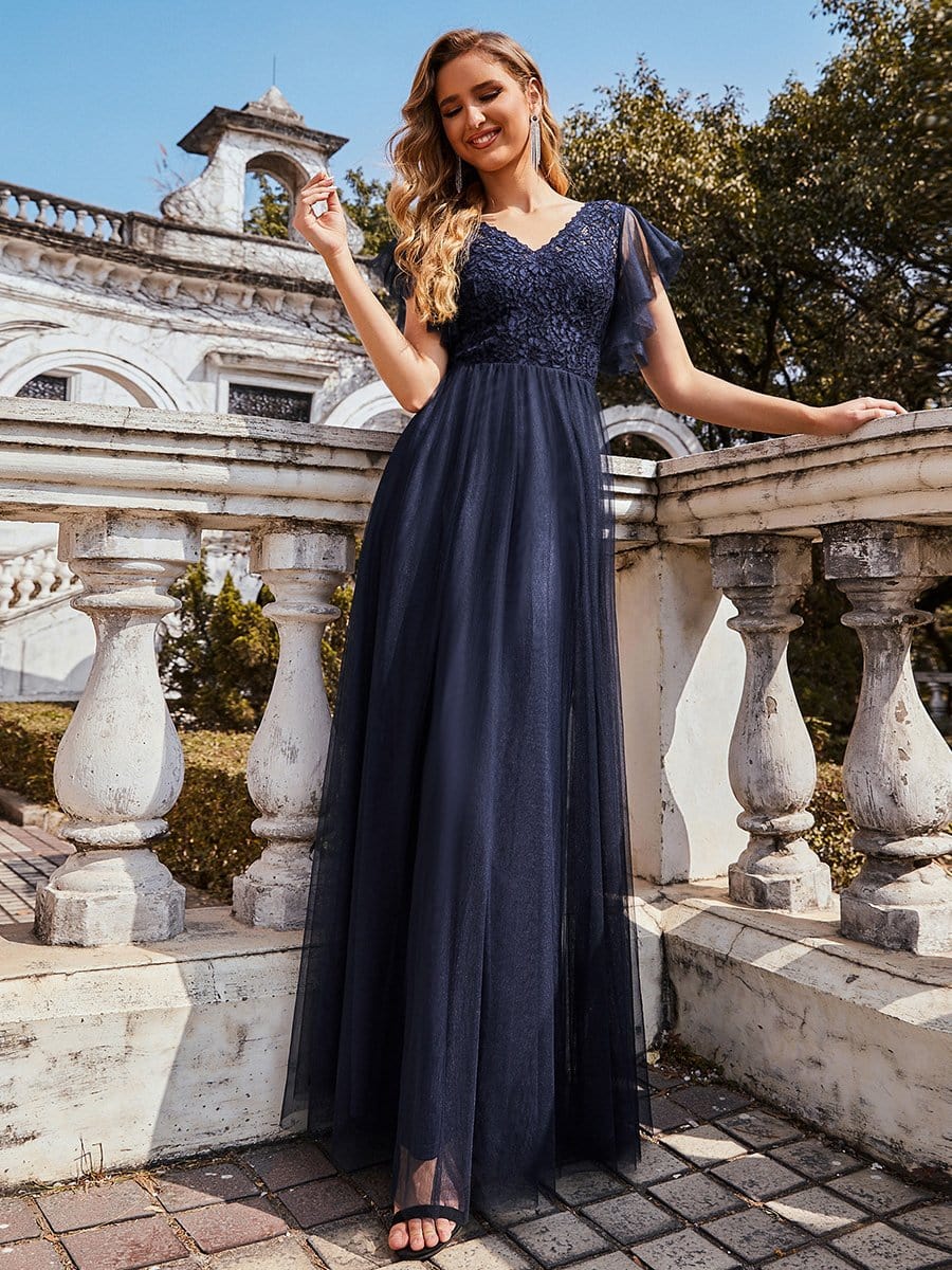 Color=Navy Blue | Vintage V-Neck A-Line Lace Long Evening Dress-Navy Blue 1 Color=Navy Blue | Vintage V-Neck A-Line Lace Long Evening Dress-Navy Blue 1