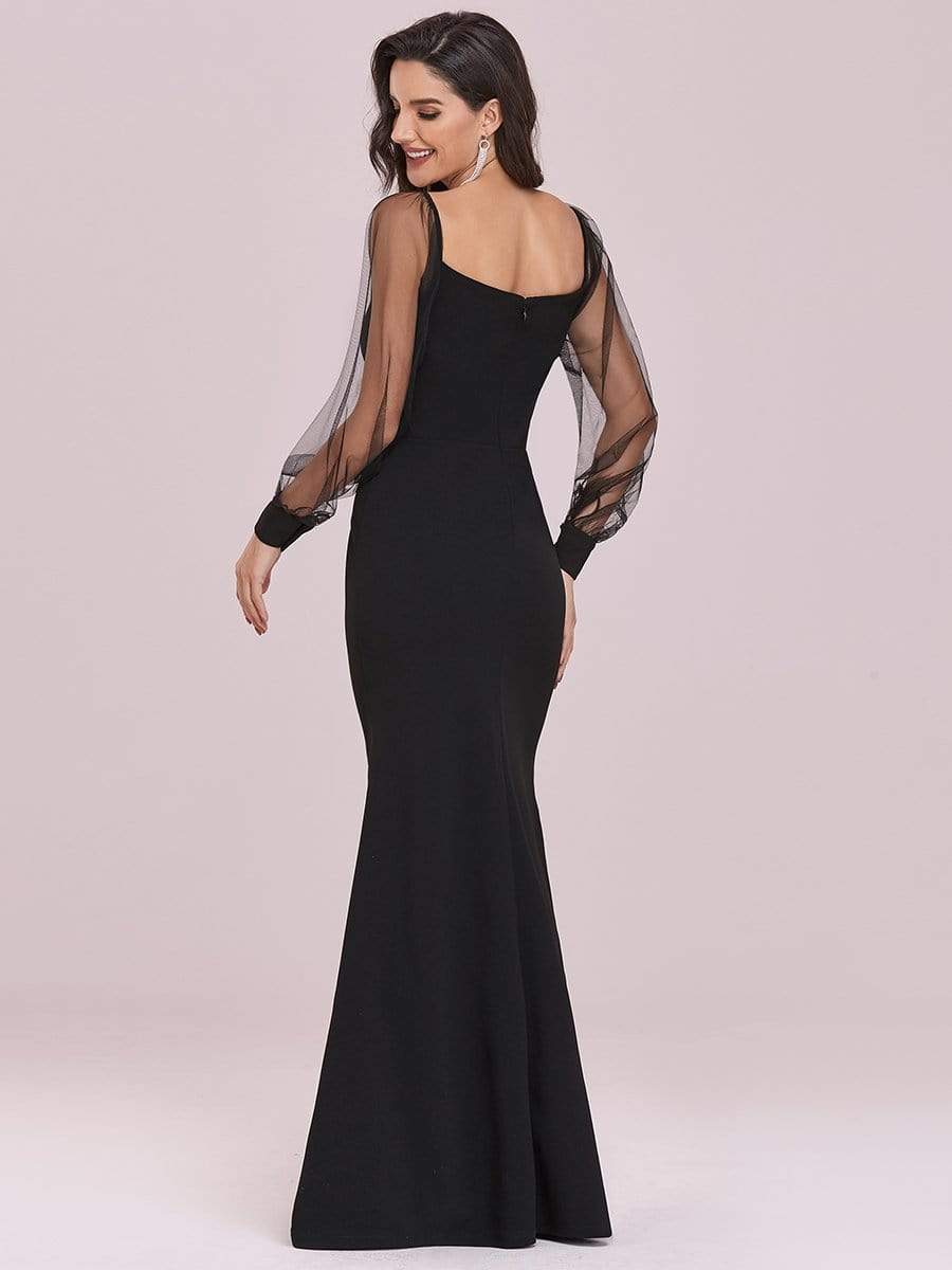 Color=Black | Solid Color Mermaid Evening Dress With Long Tulle Sleeves-Black 5 Color=Black | Solid Color Mermaid Evening Dress With Long Tulle Sleeves-Black 5