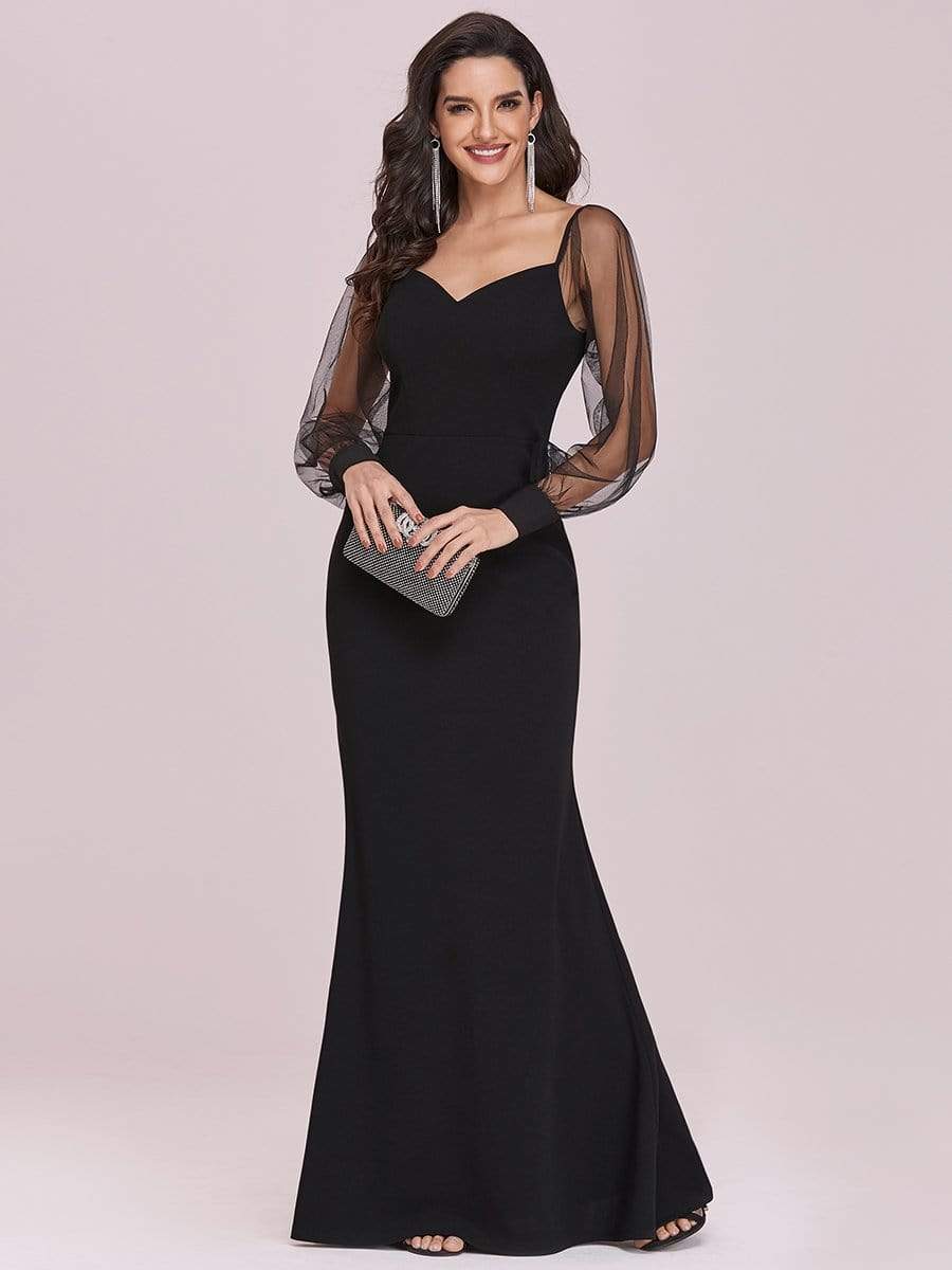 Color=Black | Solid Color Mermaid Evening Dress With Long Tulle Sleeves-Black 7 Color=Black | Solid Color Mermaid Evening Dress With Long Tulle Sleeves-Black 7