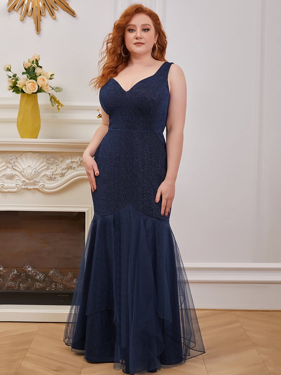 Color=Navy Blue | Plus-Size V-Neck Fishtail Prom Dress With A-Line Skirt -Navy Blue 2 Color=Navy Blue | Plus-Size V-Neck Fishtail Prom Dress With A-Line Skirt -Navy Blue 2
