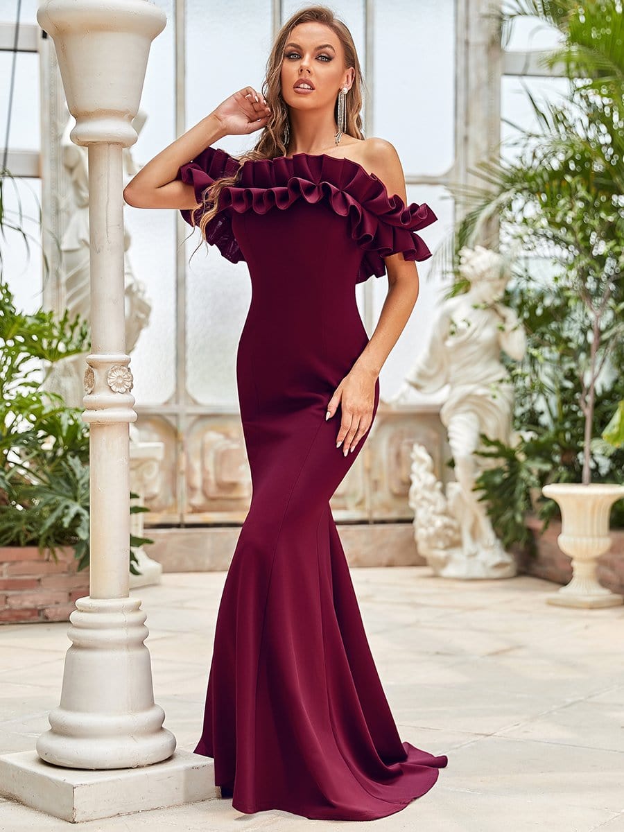 Color=Burgundy | Sweet Ruffled Off Shoulder Long Fishtail Evening Dress-Burgundy 1 Color=Burgundy | Sweet Ruffled Off Shoulder Long Fishtail Evening Dress-Burgundy 1