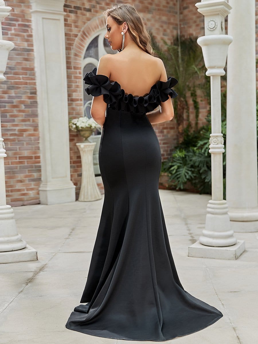 Color=Black | Sweet Ruffled Off Shoulder Long Fishtail Evening Dress-Black 2