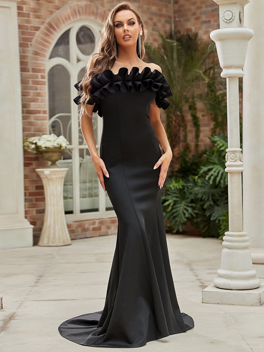 Color=Black | Sweet Ruffled Off Shoulder Long Fishtail Evening Dress-Black 3 Color=Black | Sweet Ruffled Off Shoulder Long Fishtail Evening Dress-Black 3