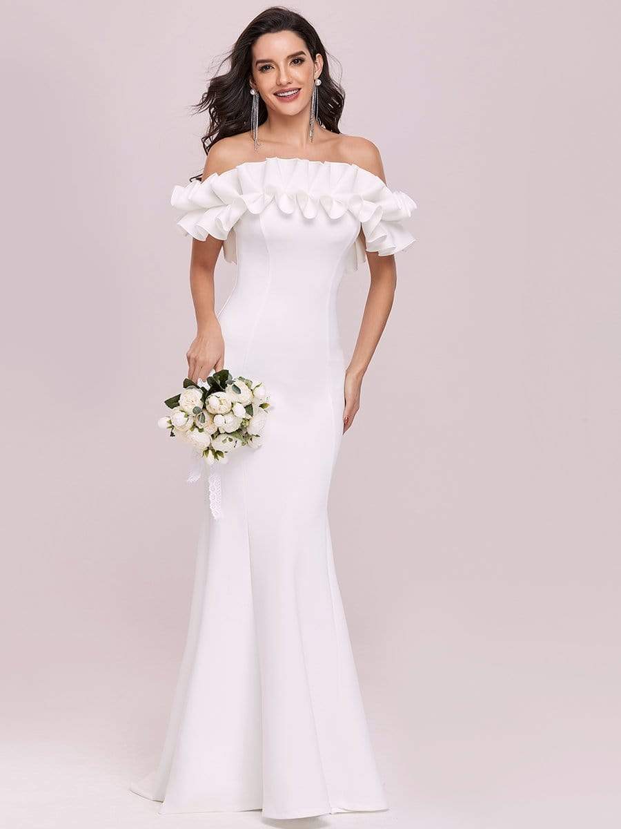 Color=Cream | Sweet Ruffled Off Shoulder Long Fishtail Evening Dress-Cream 4 Color=Cream | Sweet Ruffled Off Shoulder Long Fishtail Evening Dress-Cream 4