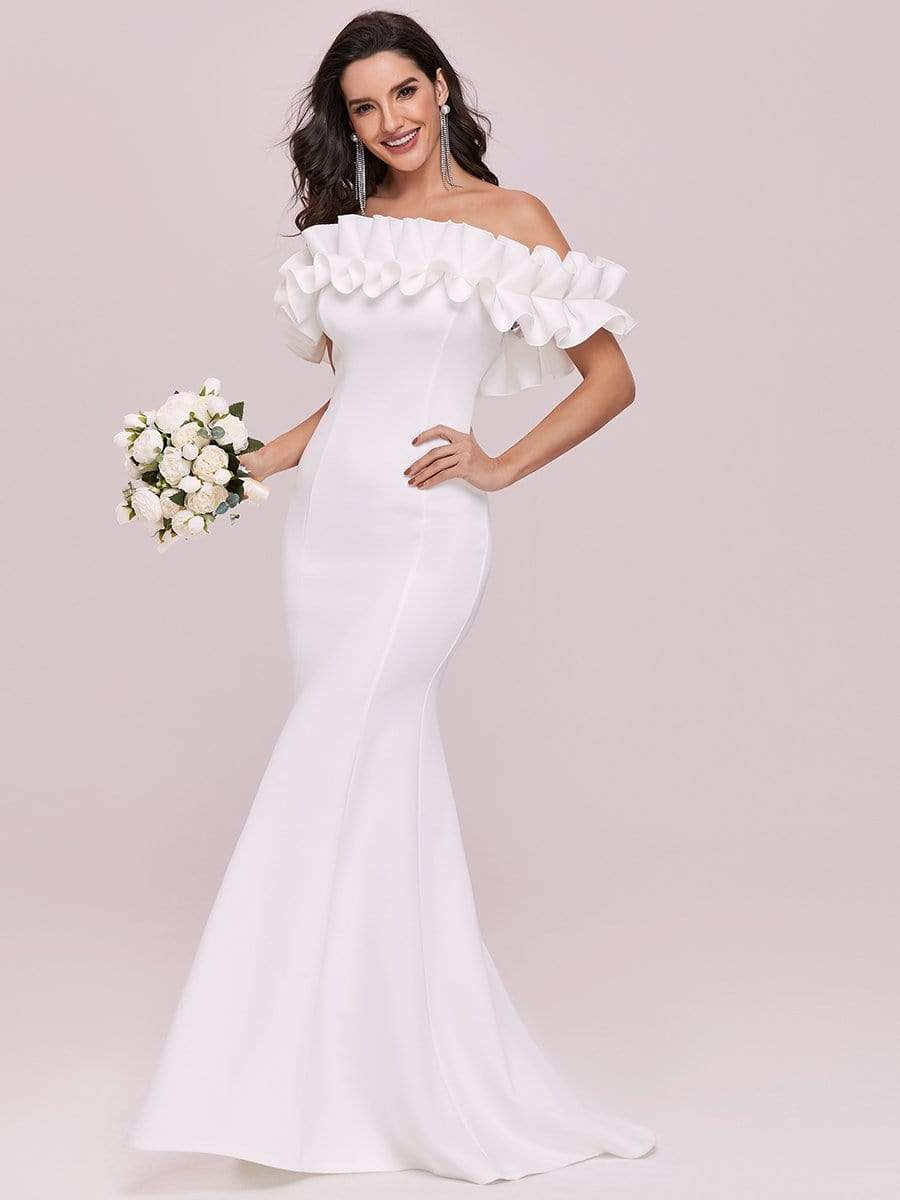 Color=Cream | Sweet Ruffled Off Shoulder Long Fishtail Evening Dress-Cream 6 Color=Cream | Sweet Ruffled Off Shoulder Long Fishtail Evening Dress-Cream 6