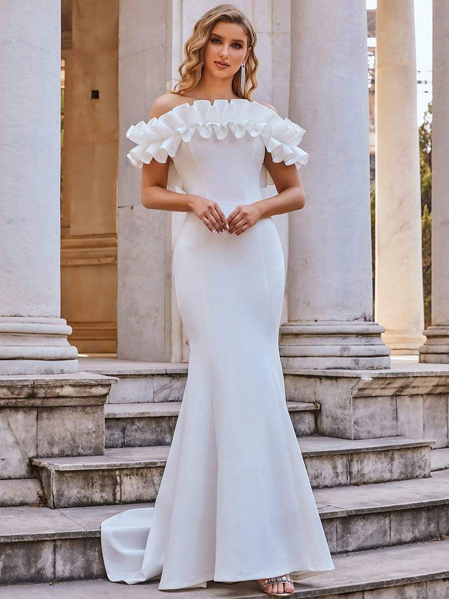 Color=Cream | Sweet Ruffled Off Shoulder Long Fishtail Evening Dress-Cream 1 Color=Cream | Sweet Ruffled Off Shoulder Long Fishtail Evening Dress-Cream 1