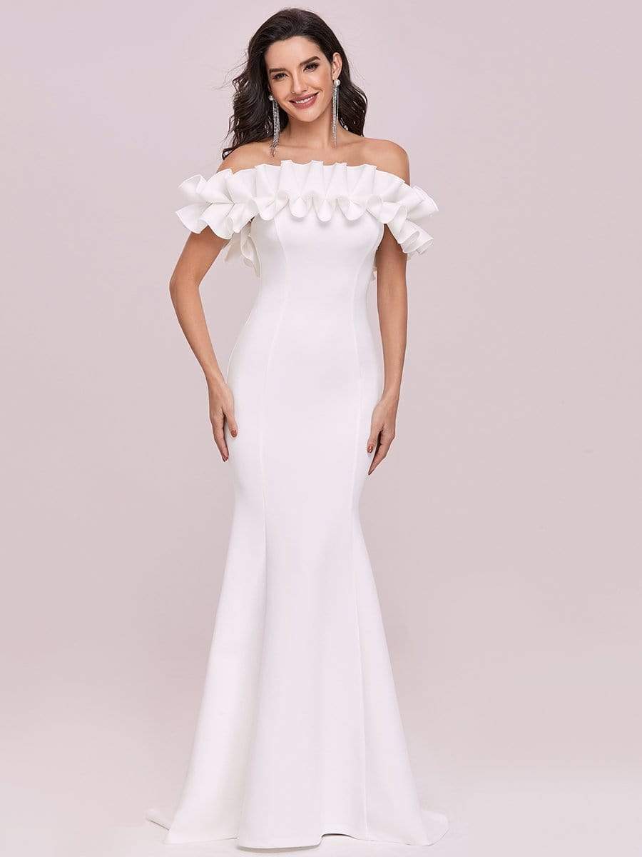 Color=Cream | Sweet Ruffled Off Shoulder Long Fishtail Evening Dress-Cream 5 Color=Cream | Sweet Ruffled Off Shoulder Long Fishtail Evening Dress-Cream 5