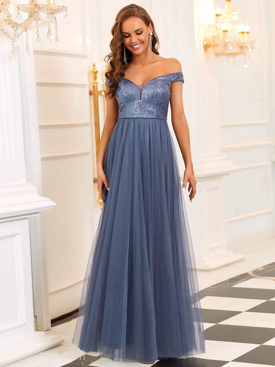 Color=Dusty Navy | Stunning High Waist Tulle & Sequin Sleevless Evening Dress-Dusty Navy 5 Color=Dusty Navy | Stunning High Waist Tulle & Sequin Sleevless Evening Dress-Dusty Navy 5