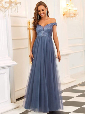 Color=Dusty Navy | Stunning High Waist Tulle & Sequin Sleevless Evening Dress-Dusty Navy 5