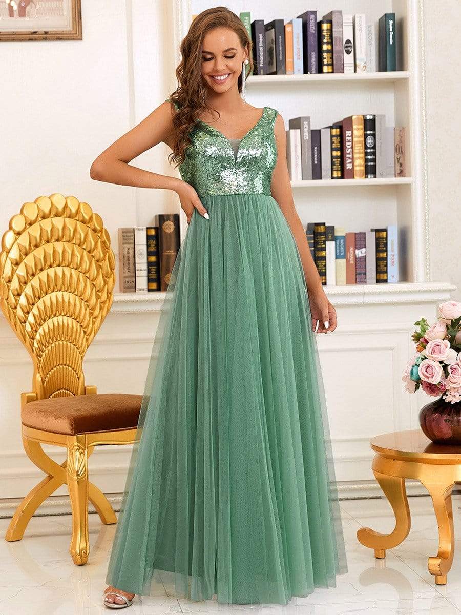 Color=Green Blue | Stunning High Waist Tulle & Sequin Sleevless Evening Dress-Green Blue 1