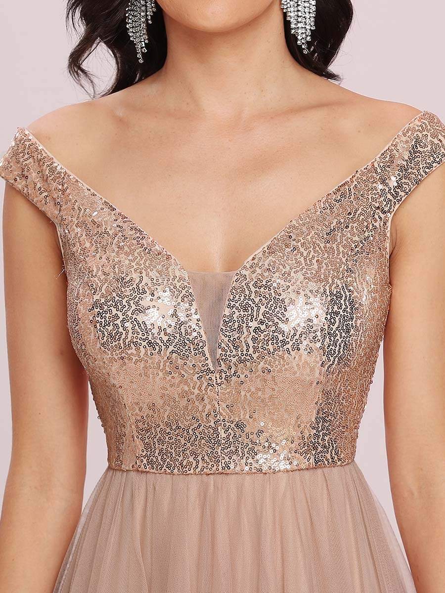 Color=Rose Gold | Stunning High Waist Tulle & Sequin Sleevless Evening Dress-Rose Gold 4 Color=Rose Gold | Stunning High Waist Tulle & Sequin Sleevless Evening Dress-Rose Gold 4