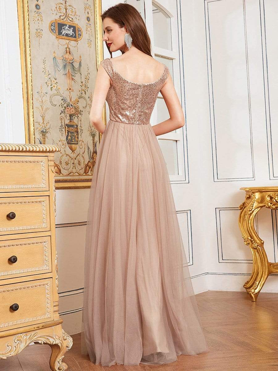 Color=Rose Gold | Stunning High Waist Tulle & Sequin Sleevless Evening Dress-Rose Gold 2 Color=Rose Gold | Stunning High Waist Tulle & Sequin Sleevless Evening Dress-Rose Gold 2