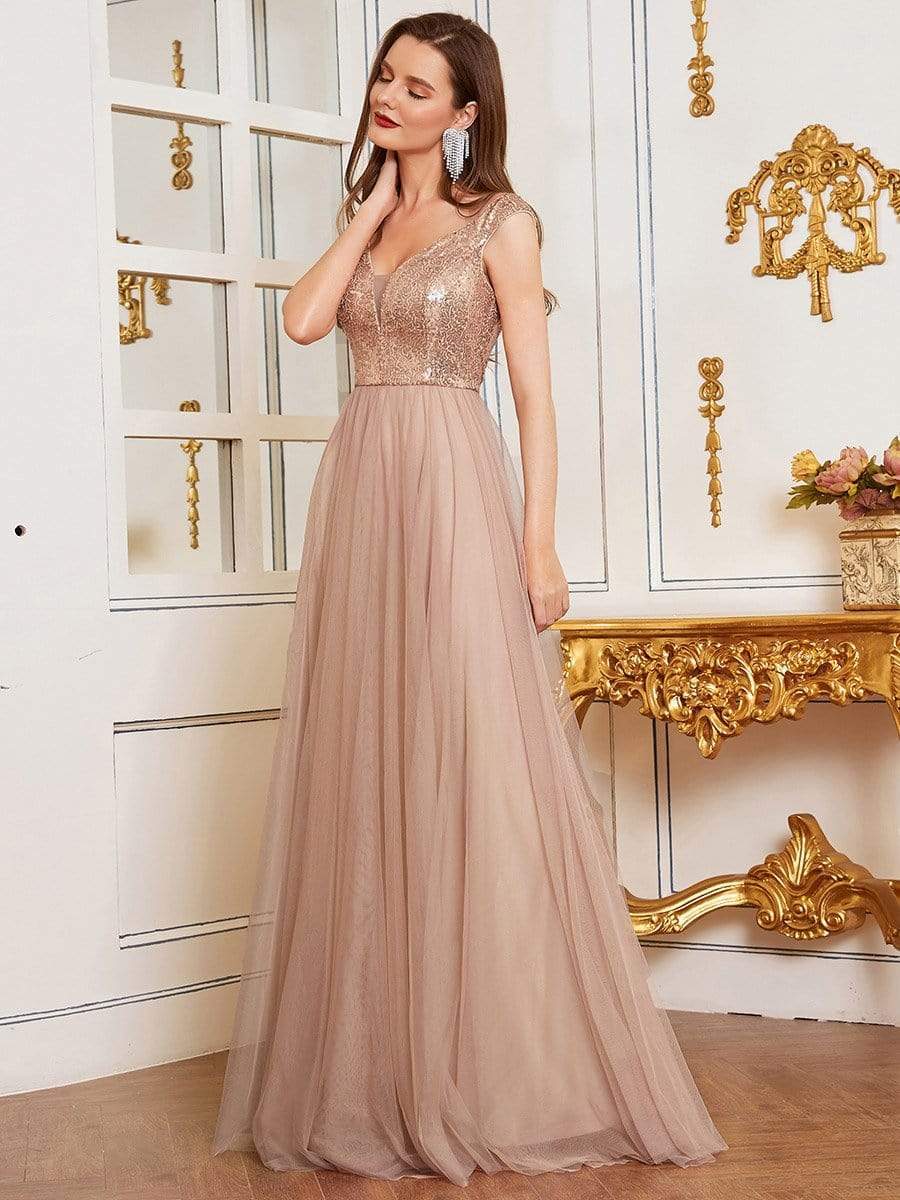 Color=Rose Gold | Stunning High Waist Tulle & Sequin Sleevless Evening Dress-Rose Gold 3