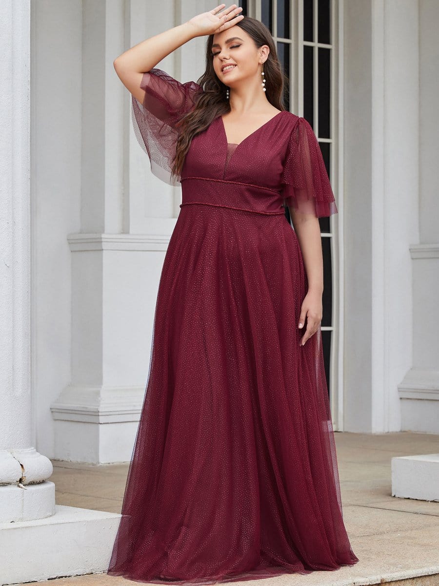 Color=Burgundy | Romantic Plus Size Tulle Evening Dress With Deep V Neck-Burgundy 1 Color=Burgundy | Romantic Plus Size Tulle Evening Dress With Deep V Neck-Burgundy 1