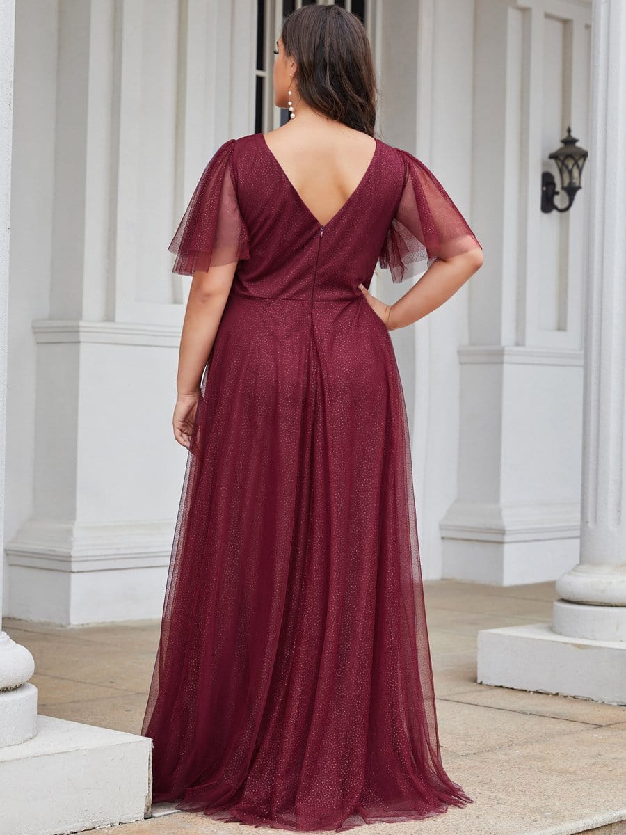 Color=Burgundy | Romantic Plus Size Tulle Evening Dress With Deep V Neck-Burgundy 2 Color=Burgundy | Romantic Plus Size Tulle Evening Dress With Deep V Neck-Burgundy 2