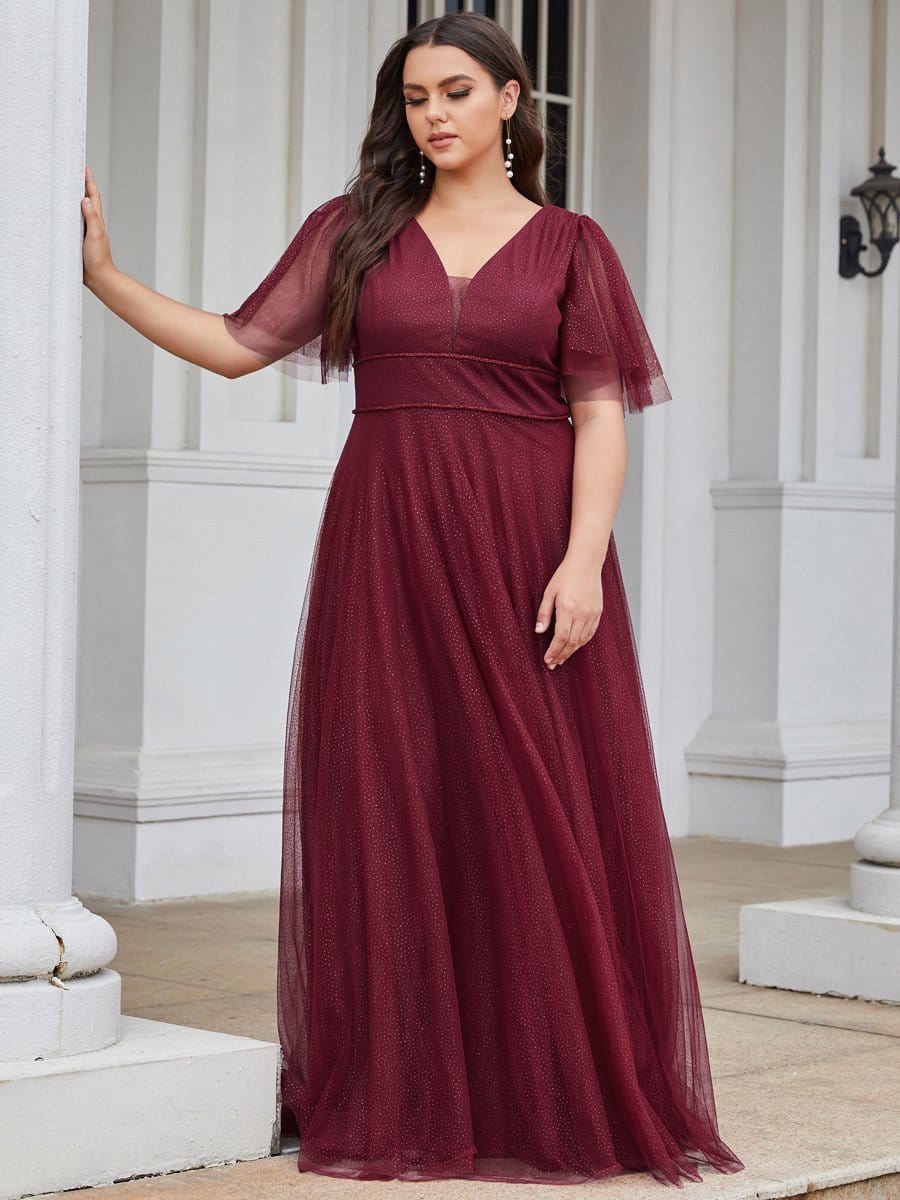 Color=Burgundy | Romantic Plus Size Tulle Evening Dress With Deep V Neck-Burgundy 5