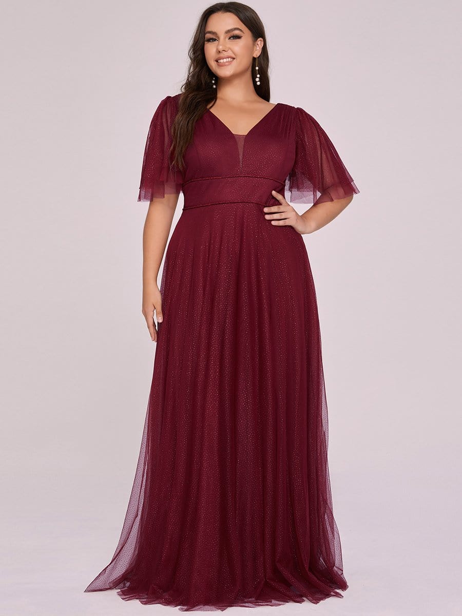 Color=Burgundy | Romantic Plus Size Tulle Evening Dress With Deep V Neck-Burgundy 6 Color=Burgundy | Romantic Plus Size Tulle Evening Dress With Deep V Neck-Burgundy 6
