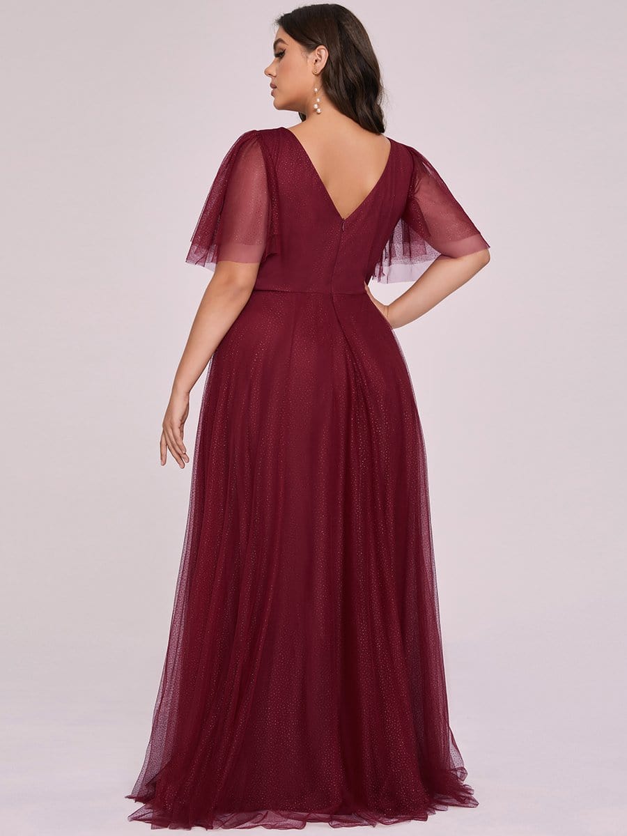 Color=Burgundy | Romantic Plus Size Tulle Evening Dress With Deep V Neck-Burgundy 7 Color=Burgundy | Romantic Plus Size Tulle Evening Dress With Deep V Neck-Burgundy 7