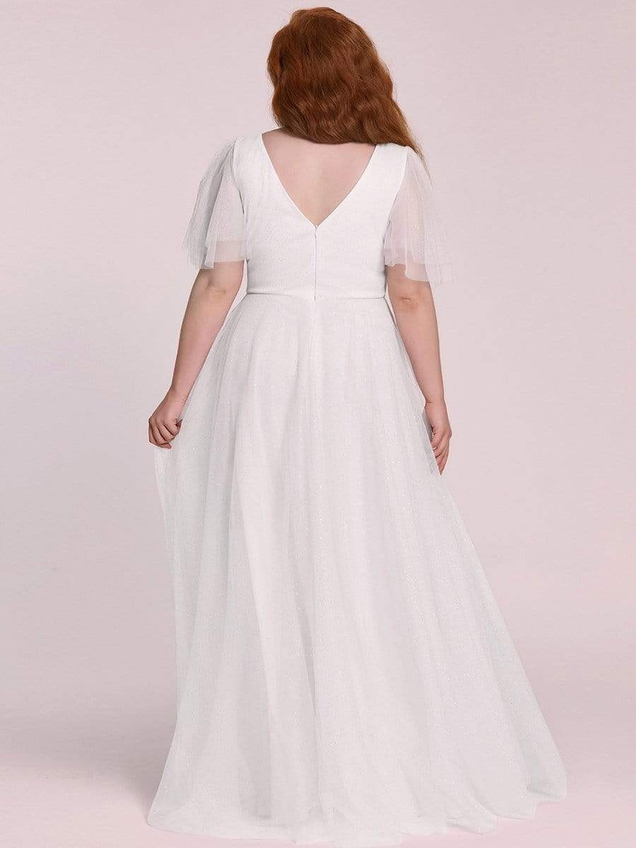 Color=Cream | Romantic Plus Size Tulle Evening Dress With Deep V Neck-Cream 5 Color=Cream | Romantic Plus Size Tulle Evening Dress With Deep V Neck-Cream 5