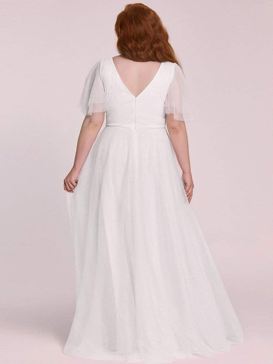 Color=Cream | Romantic Plus Size Tulle Evening Dress With Deep V Neck-Cream 5