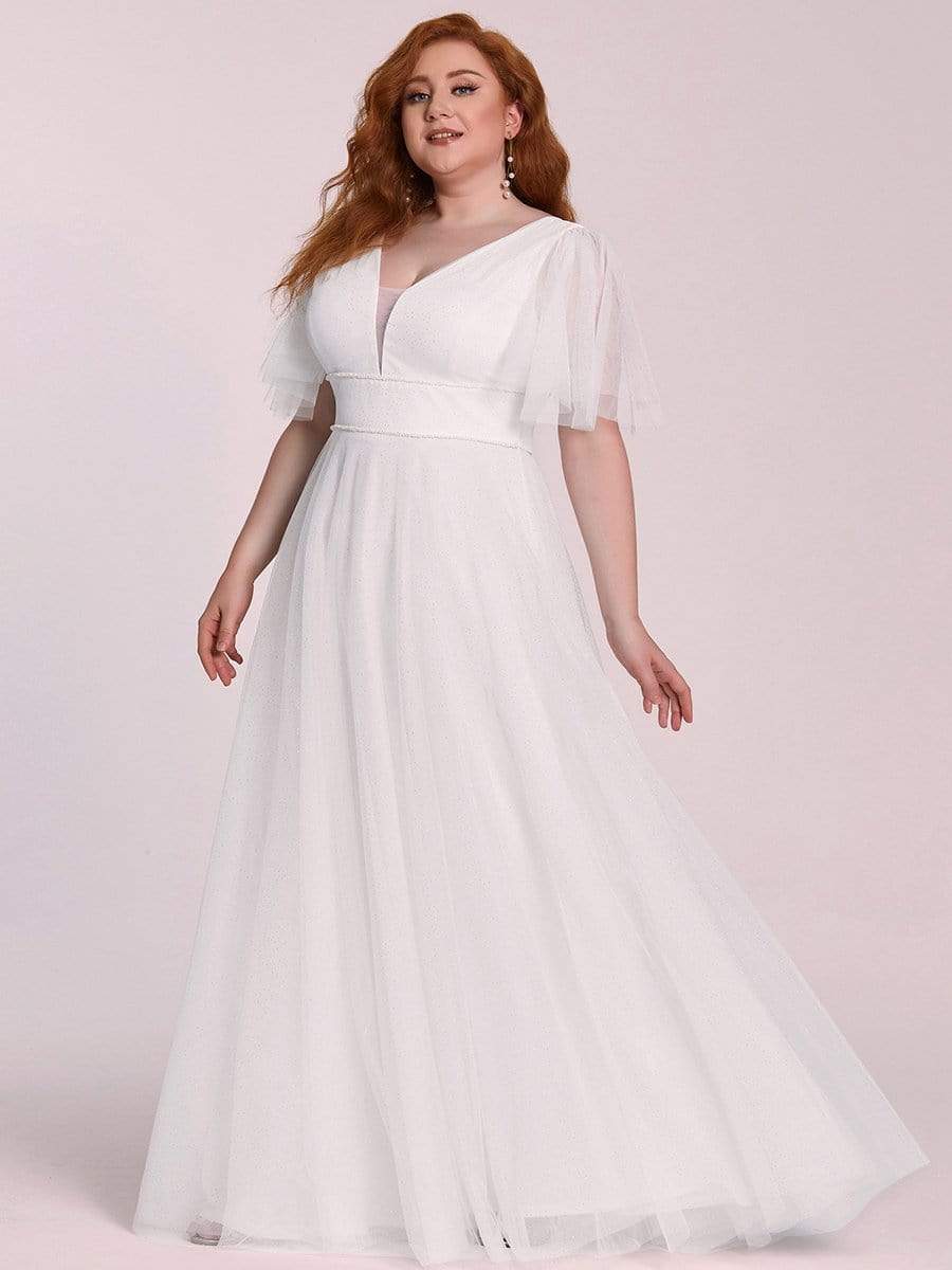 Color=Cream | Romantic Plus Size Tulle Evening Dress With Deep V Neck-Cream 4 Color=Cream | Romantic Plus Size Tulle Evening Dress With Deep V Neck-Cream 4