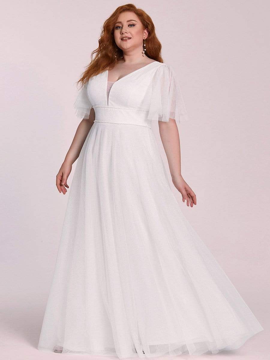 Color=Cream | Romantic Plus Size Tulle Evening Dress With Deep V Neck-Cream 4