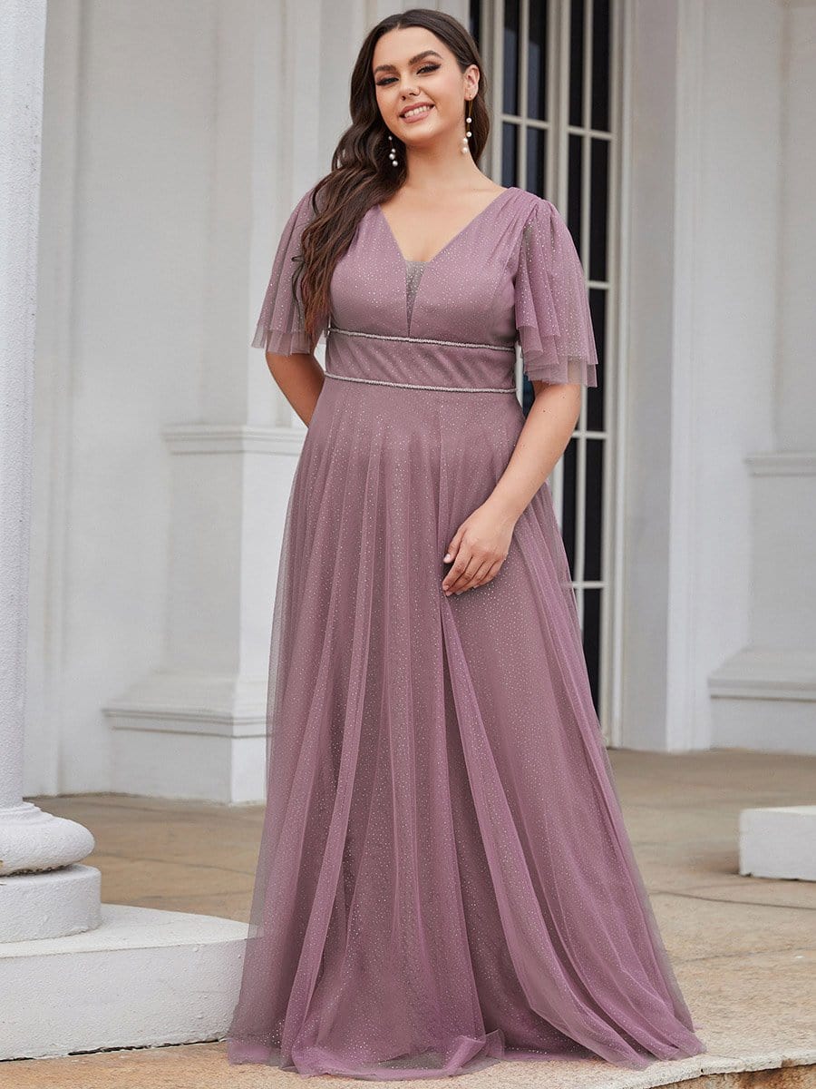 Color=Purple Orchid | Romantic Plus Size Tulle Evening Dress With Deep V Neck-Purple Orchid 1 Color=Purple Orchid | Romantic Plus Size Tulle Evening Dress With Deep V Neck-Purple Orchid 1