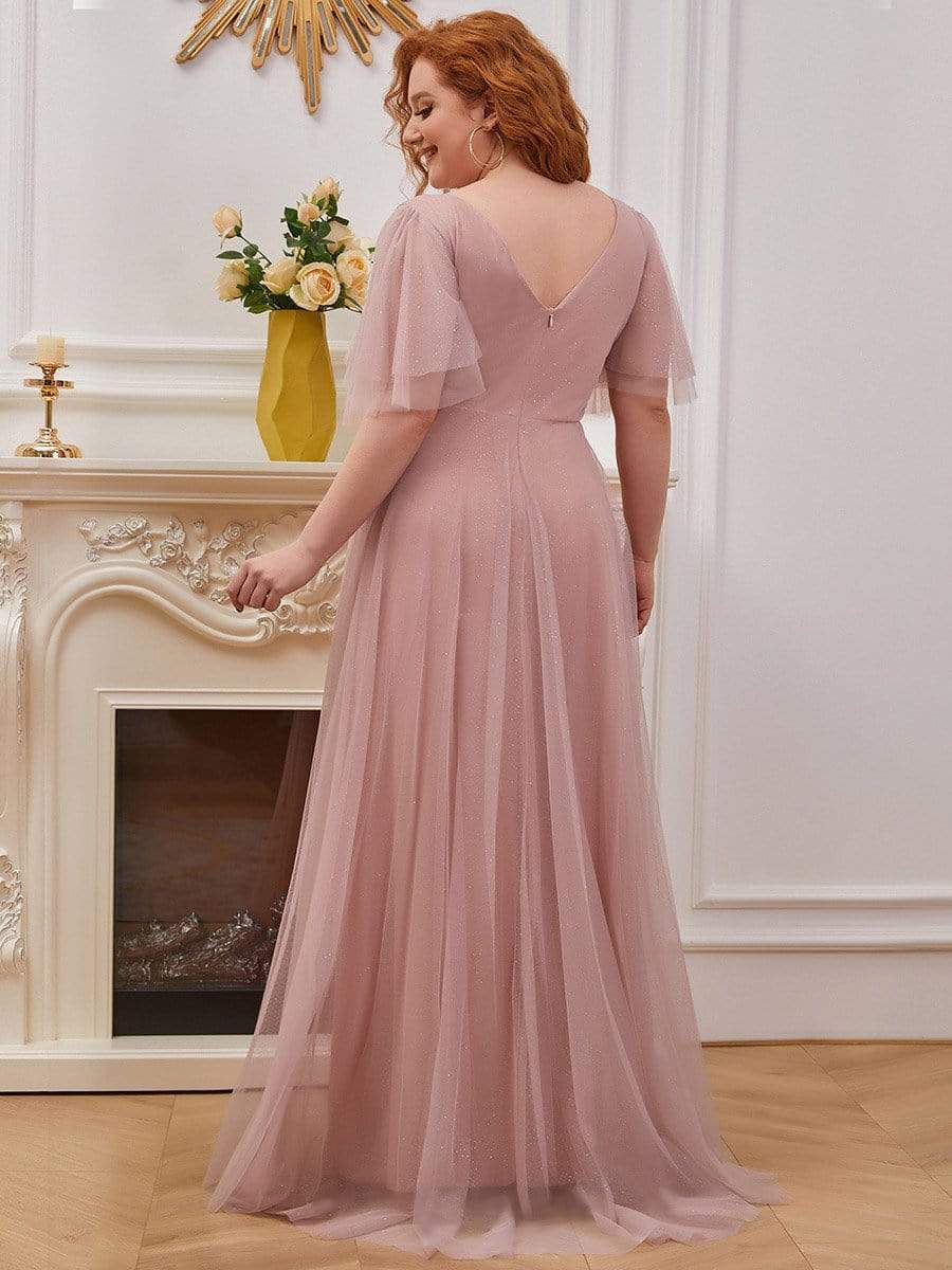 Color=Pink | Romantic Plus Size Tulle Evening Dress With Deep V Neck-Pink 2 Color=Pink | Romantic Plus Size Tulle Evening Dress With Deep V Neck-Pink 2