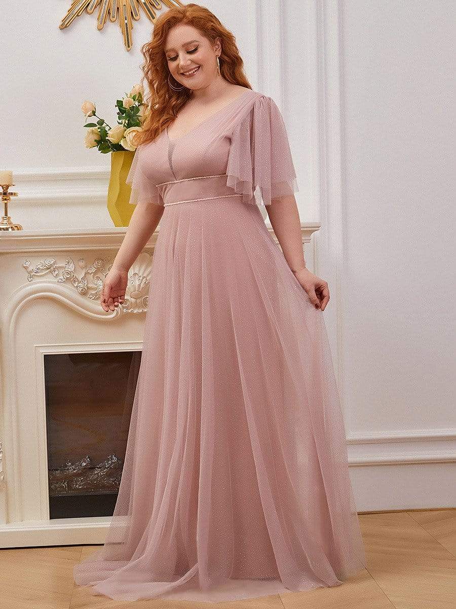 Color=Pink | Romantic Plus Size Tulle Evening Dress With Deep V Neck-Pink 3 Color=Pink | Romantic Plus Size Tulle Evening Dress With Deep V Neck-Pink 3