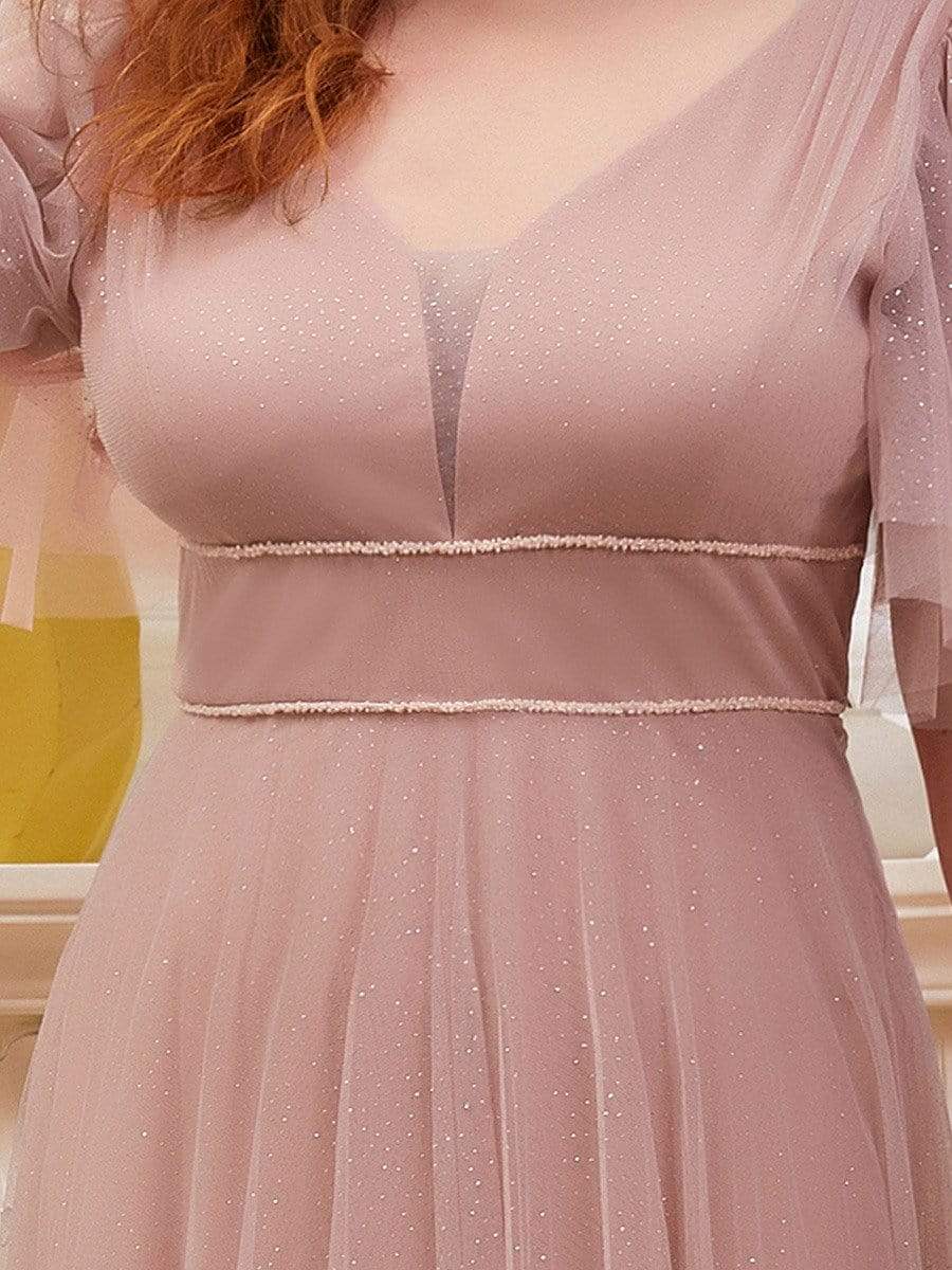 Color=Pink | Romantic Plus Size Tulle Evening Dress With Deep V Neck-Pink 5 Color=Pink | Romantic Plus Size Tulle Evening Dress With Deep V Neck-Pink 5