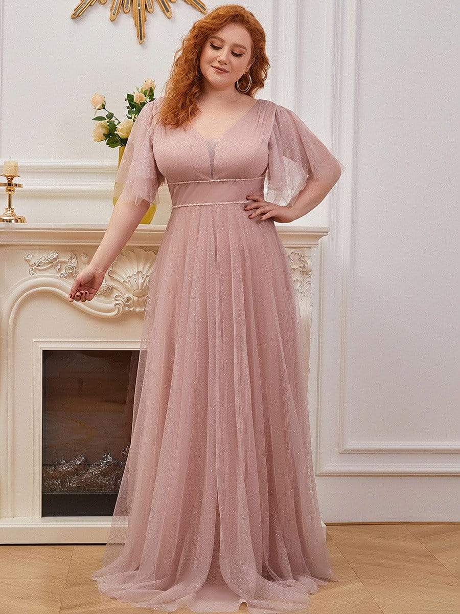 Color=Pink | Romantic Plus Size Tulle Evening Dress With Deep V Neck-Pink 1 Color=Pink | Romantic Plus Size Tulle Evening Dress With Deep V Neck-Pink 1
