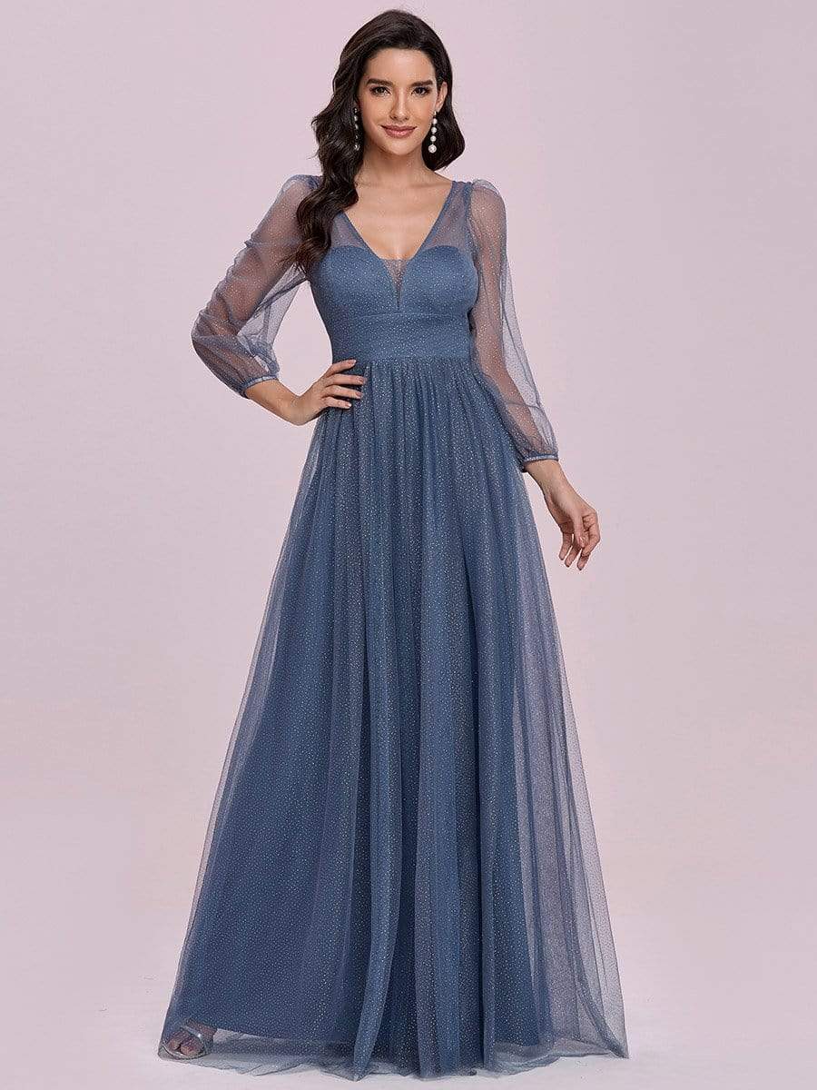Color=Dusty Navy | A-line Deep V-neck Bridesmaid Dress with Lantern Sleeves-Dusty Navy 4 Color=Dusty Navy | A-line Deep V-neck Bridesmaid Dress with Lantern Sleeves-Dusty Navy 4