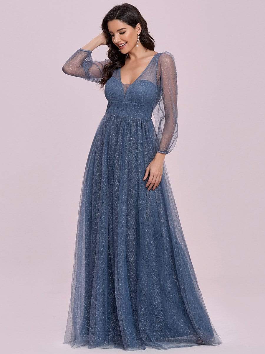 Color=Dusty Navy | A-line Deep V-neck Bridesmaid Dress with Lantern Sleeves-Dusty Navy 6 Color=Dusty Navy | A-line Deep V-neck Bridesmaid Dress with Lantern Sleeves-Dusty Navy 6