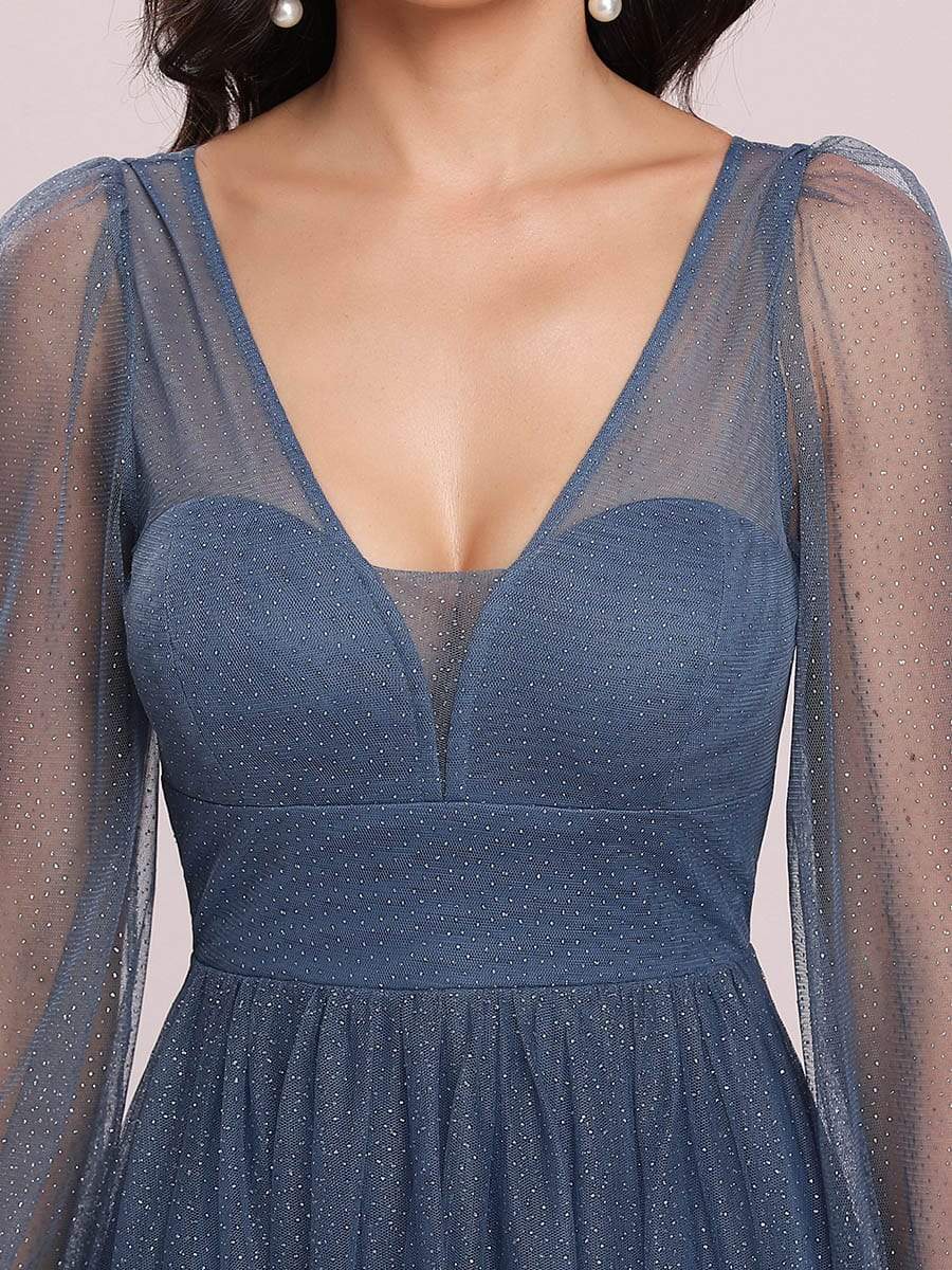 Color=Dusty Navy | A-line Deep V-neck Bridesmaid Dress with Lantern Sleeves-Dusty Navy 8 Color=Dusty Navy | A-line Deep V-neck Bridesmaid Dress with Lantern Sleeves-Dusty Navy 8