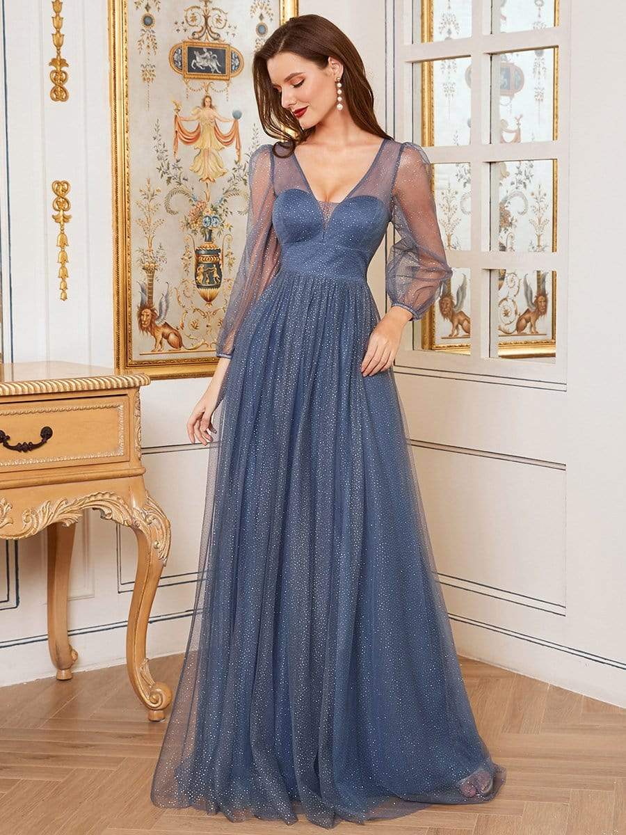 Color=Dusty Navy | A-line Deep V-neck Bridesmaid Dress with Lantern Sleeves-Dusty Navy 3 Color=Dusty Navy | A-line Deep V-neck Bridesmaid Dress with Lantern Sleeves-Dusty Navy 3