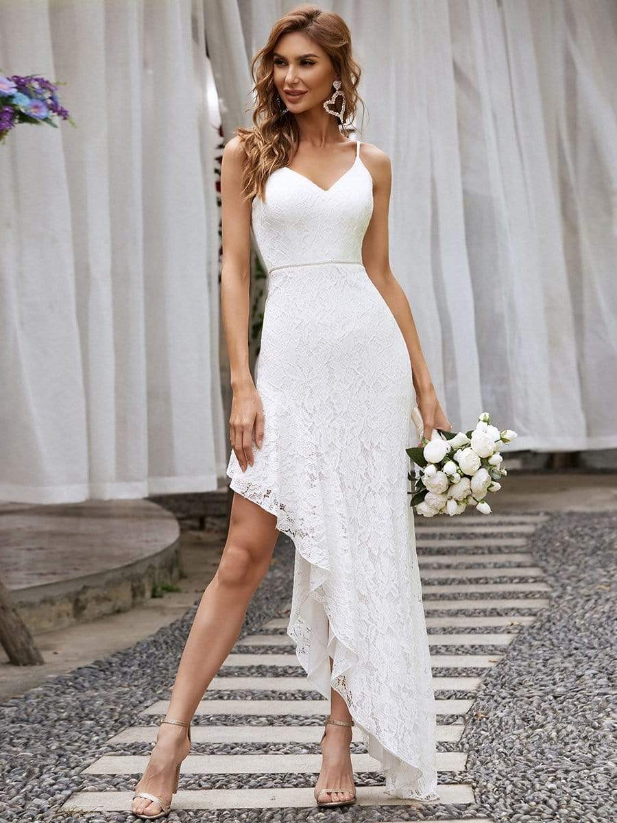 Color=Cream | Deep V Neck Spaghetti Straps High-Low Skirt Embroider Wedding Dress-Cream 1 Color=Cream | Deep V Neck Spaghetti Straps High-Low Skirt Embroider Wedding Dress-Cream 1