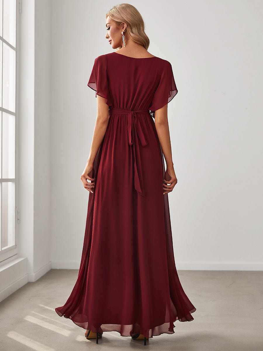 V-Neck Flutter Sleeve Floor-Length A-Line Chiffon Evening Dress #color_Burgundy V-Neck Flutter Sleeve Floor-Length A-Line Chiffon Evening Dress #color_Burgundy
