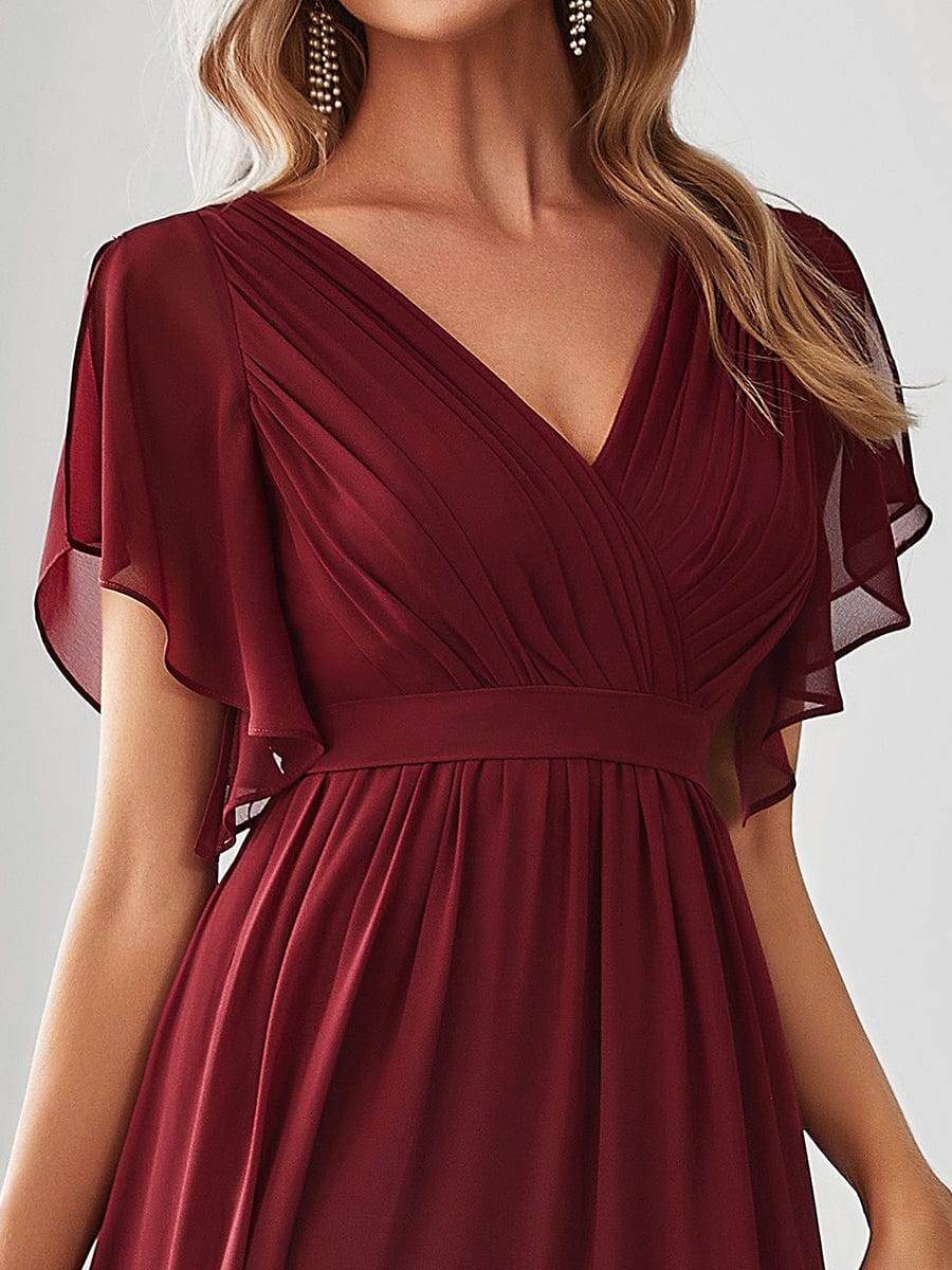 V-Neck Flutter Sleeve Floor-Length A-Line Chiffon Evening Dress #color_Burgundy V-Neck Flutter Sleeve Floor-Length A-Line Chiffon Evening Dress #color_Burgundy
