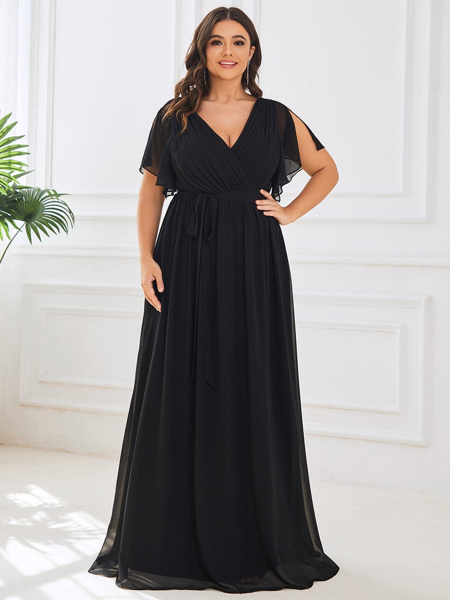 V-Neck Flutter Sleeve Floor-Length A-Line Chiffon Evening Dress #color_Black V-Neck Flutter Sleeve Floor-Length A-Line Chiffon Evening Dress #color_Black