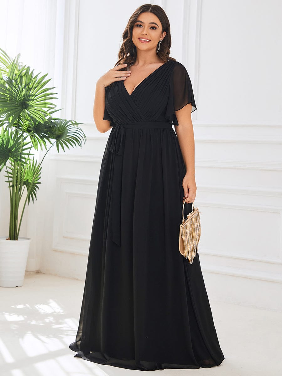 V-Neck Flutter Sleeve Floor-Length A-Line Chiffon Evening Dress #color_Black V-Neck Flutter Sleeve Floor-Length A-Line Chiffon Evening Dress #color_Black
