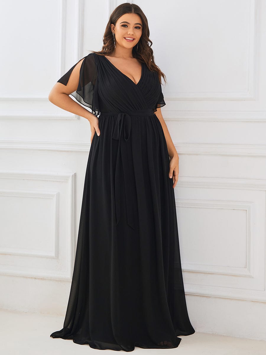 V-Neck Flutter Sleeve Floor-Length A-Line Chiffon Evening Dress #color_Black V-Neck Flutter Sleeve Floor-Length A-Line Chiffon Evening Dress #color_Black