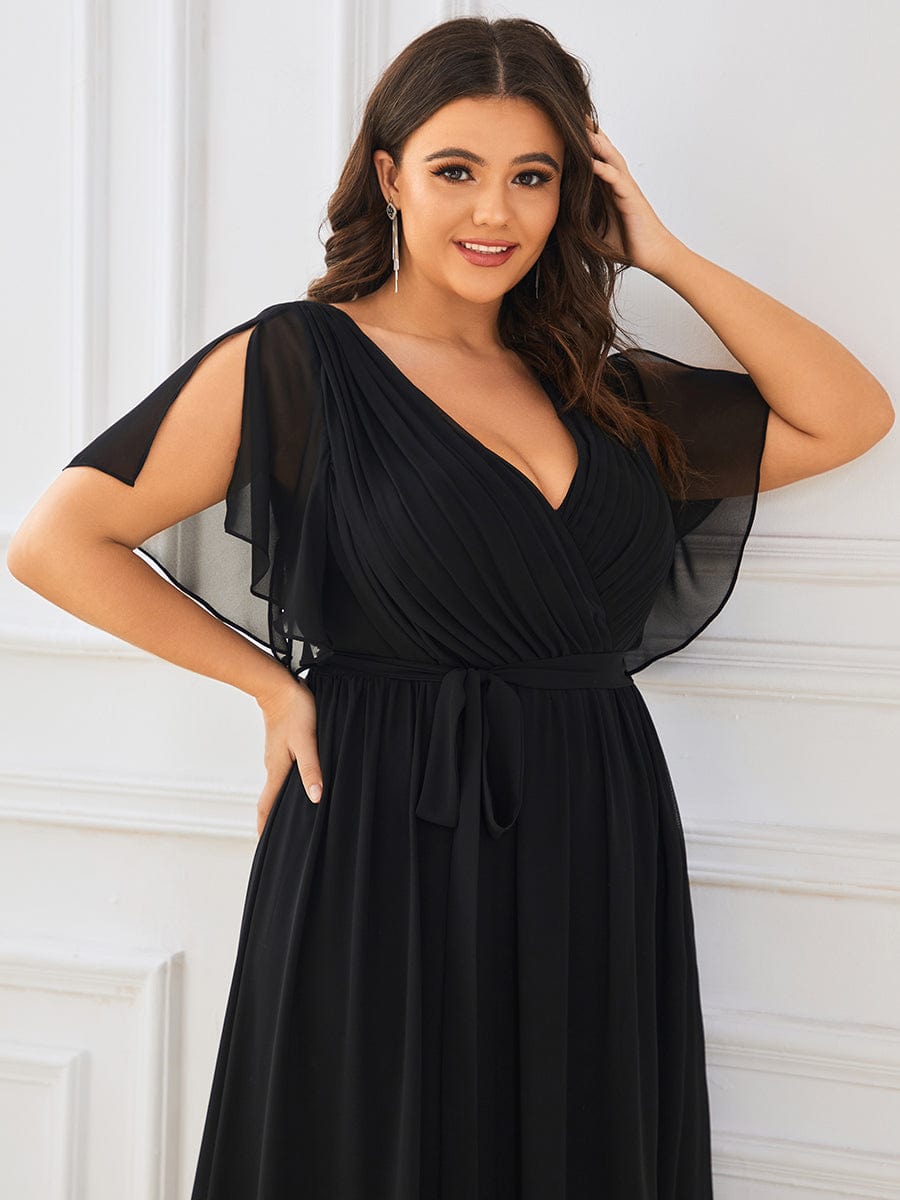 V-Neck Flutter Sleeve Floor-Length A-Line Chiffon Evening Dress #color_Black V-Neck Flutter Sleeve Floor-Length A-Line Chiffon Evening Dress #color_Black