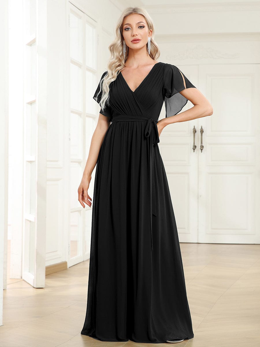 V-Neck Flutter Sleeve Floor-Length A-Line Chiffon Evening Dress #color_Black V-Neck Flutter Sleeve Floor-Length A-Line Chiffon Evening Dress #color_Black
