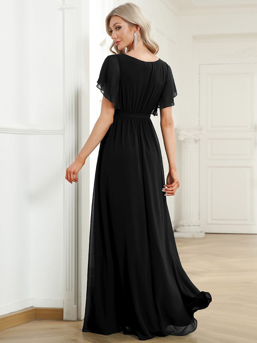 V-Neck Flutter Sleeve Floor-Length A-Line Chiffon Evening Dress #color_Black V-Neck Flutter Sleeve Floor-Length A-Line Chiffon Evening Dress #color_Black