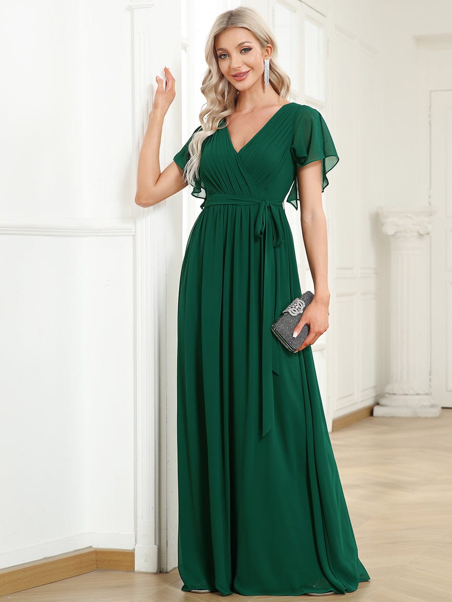 V-Neck Flutter Sleeve Floor-Length A-Line Chiffon Evening Dress #color_Dark Green V-Neck Flutter Sleeve Floor-Length A-Line Chiffon Evening Dress #color_Dark Green