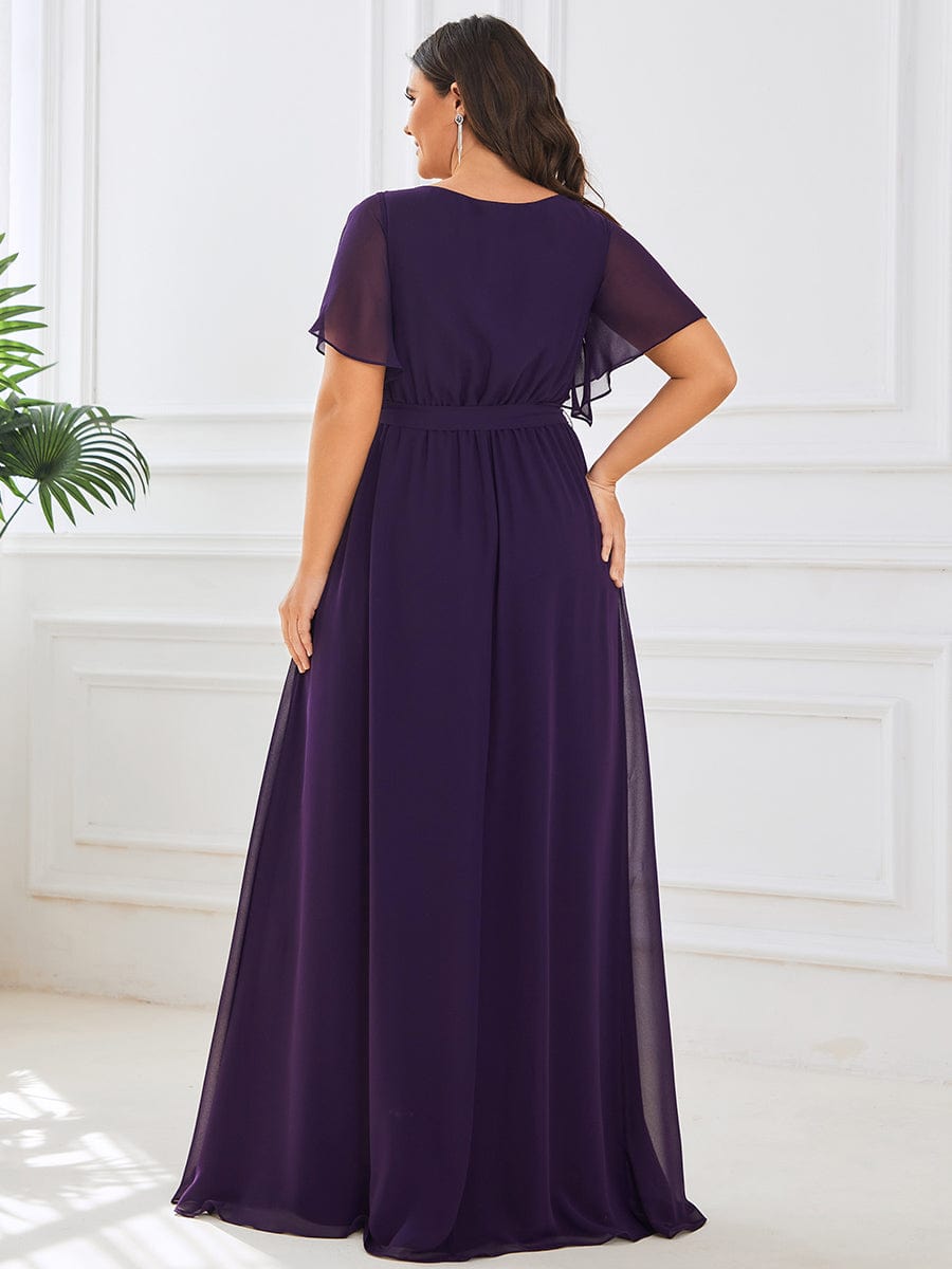 V-Neck Flutter Sleeve Floor-Length A-Line Chiffon Evening Dress #color_Dark Purple V-Neck Flutter Sleeve Floor-Length A-Line Chiffon Evening Dress #color_Dark Purple