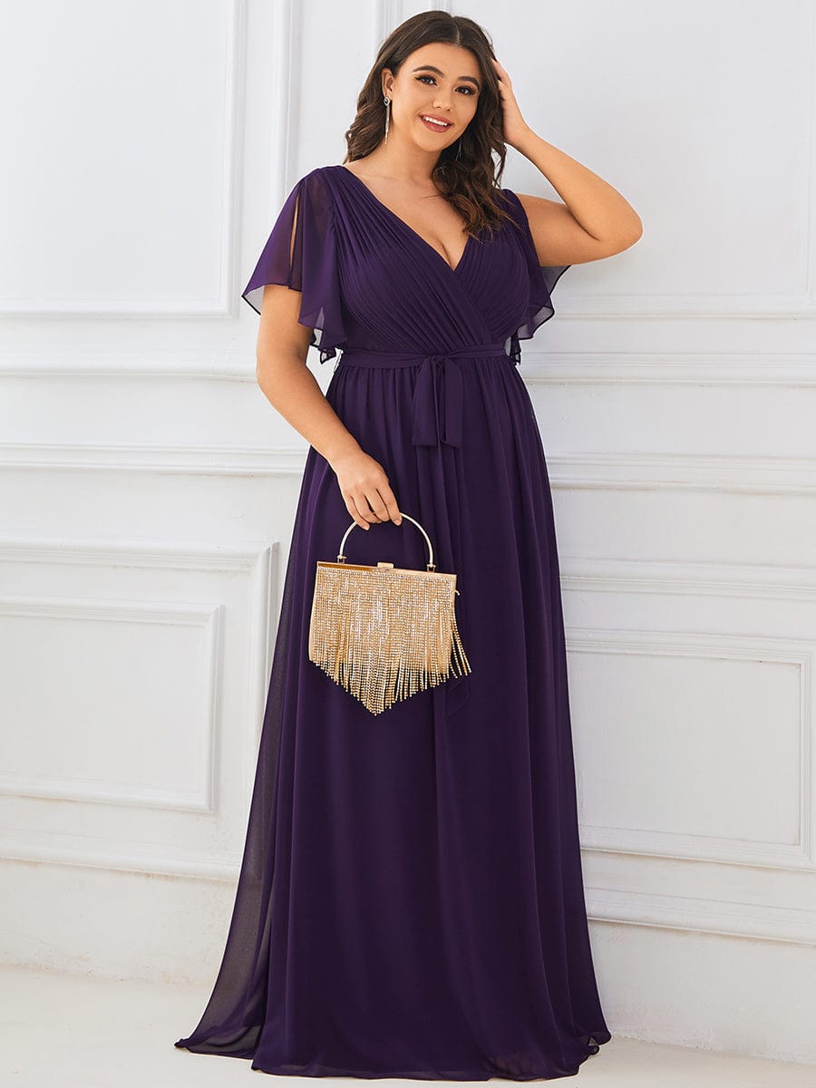 V-Neck Flutter Sleeve Floor-Length A-Line Chiffon Evening Dress #color_Dark Purple V-Neck Flutter Sleeve Floor-Length A-Line Chiffon Evening Dress #color_Dark Purple