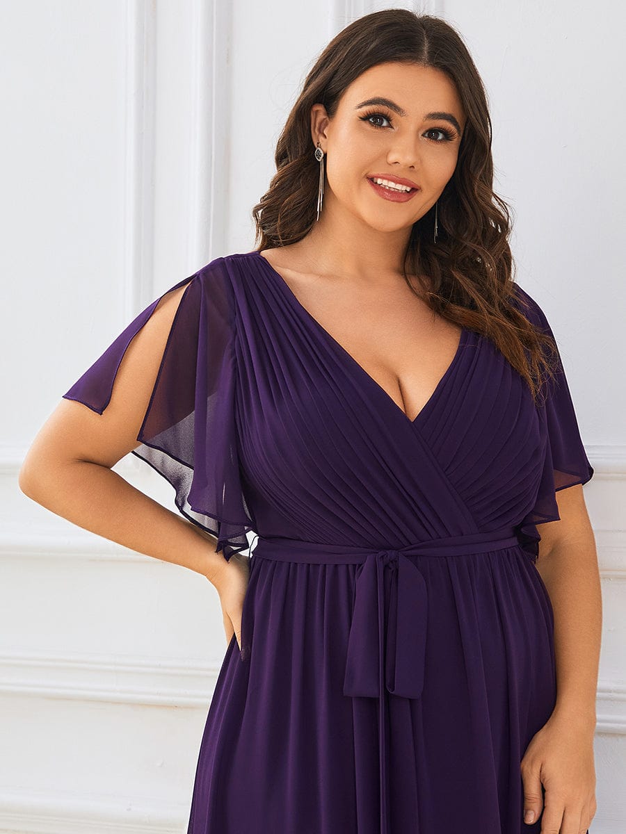 V-Neck Flutter Sleeve Floor-Length A-Line Chiffon Evening Dress #color_Dark Purple V-Neck Flutter Sleeve Floor-Length A-Line Chiffon Evening Dress #color_Dark Purple