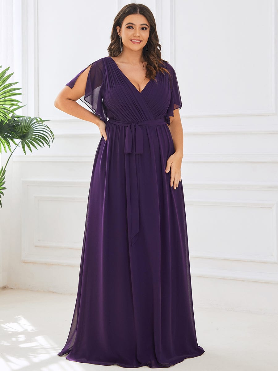 V-Neck Flutter Sleeve Floor-Length A-Line Chiffon Evening Dress #color_Dark Purple V-Neck Flutter Sleeve Floor-Length A-Line Chiffon Evening Dress #color_Dark Purple