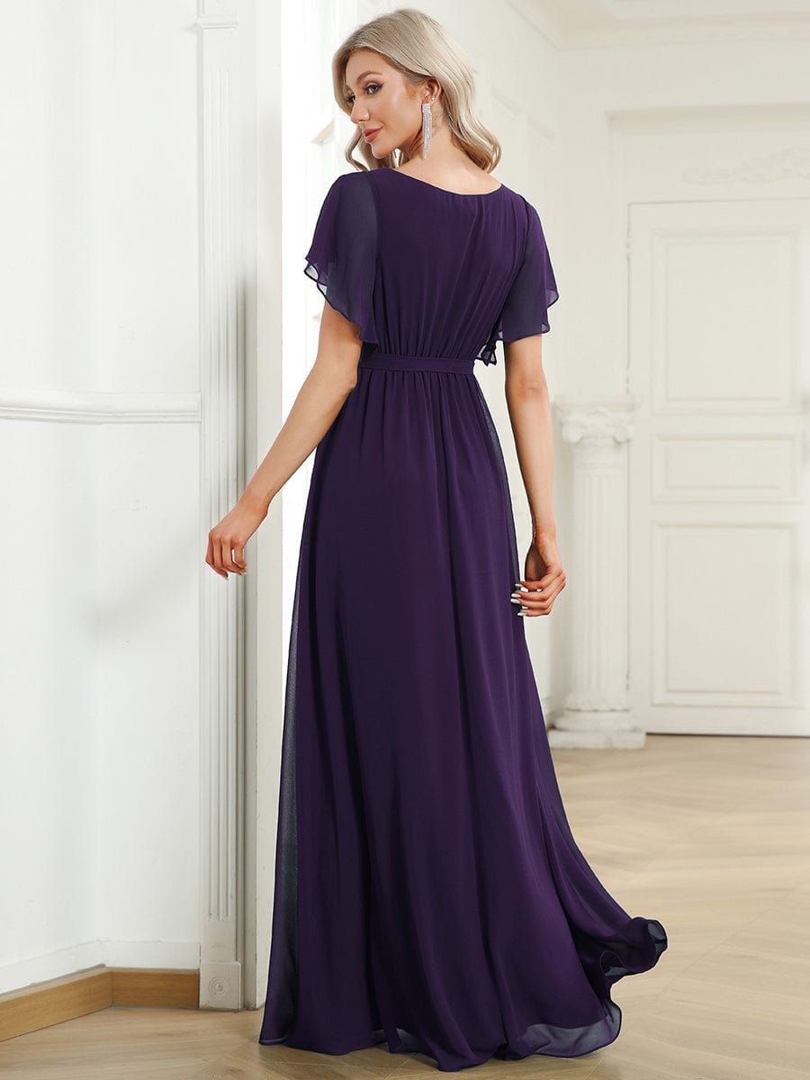 V-Neck Flutter Sleeve Floor-Length A-Line Chiffon Evening Dress #color_Dark Purple V-Neck Flutter Sleeve Floor-Length A-Line Chiffon Evening Dress #color_Dark Purple